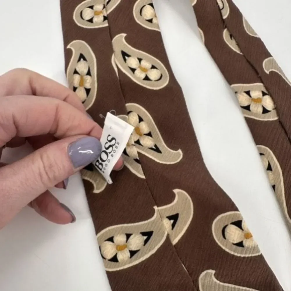 Boss Hugo Boss Men's 100% Silk Paisley Floral Made‎ In Italy Neck Tie Brown